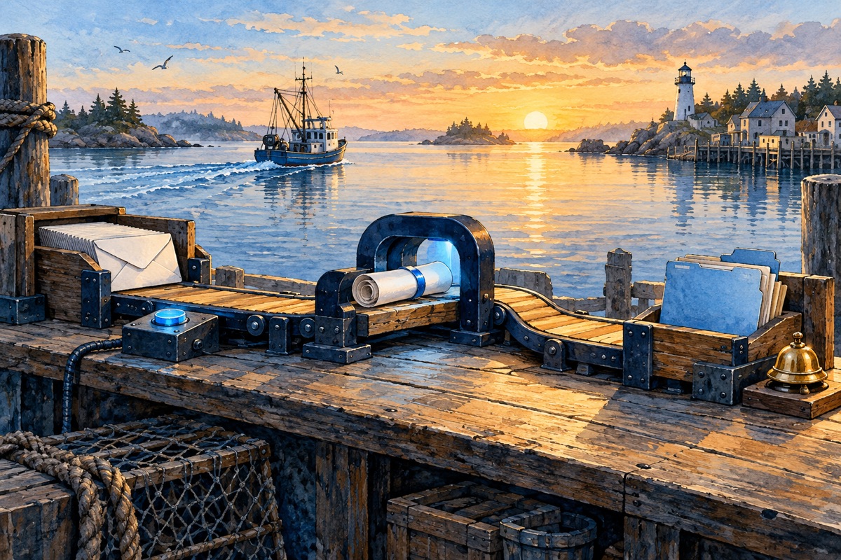 A blue-guided route moves envelopes, documents and work folders through connected stations.
