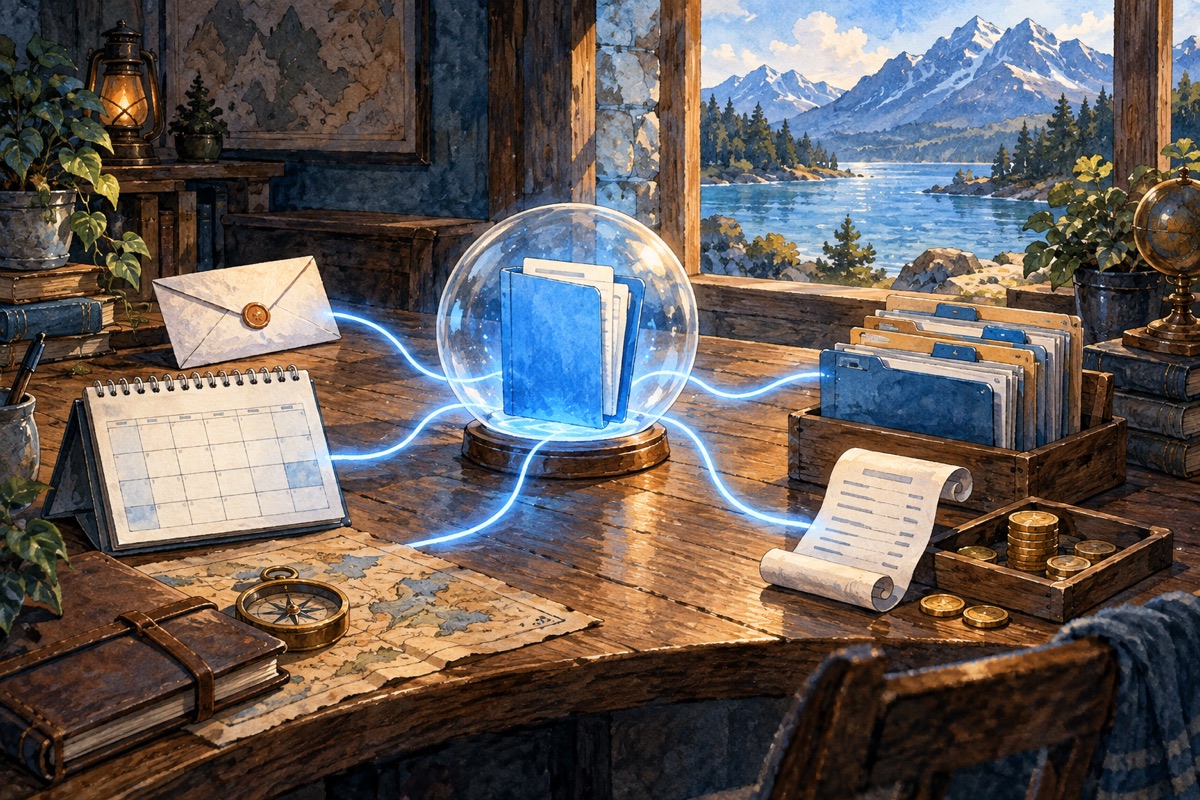 A luminous blue central record connects documents, a calendar and work folders on one shared desk.