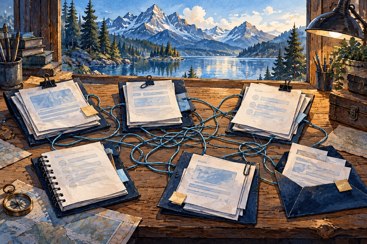 Separate folders scatter across a workbench, with loose connections making one shared task harder to follow.