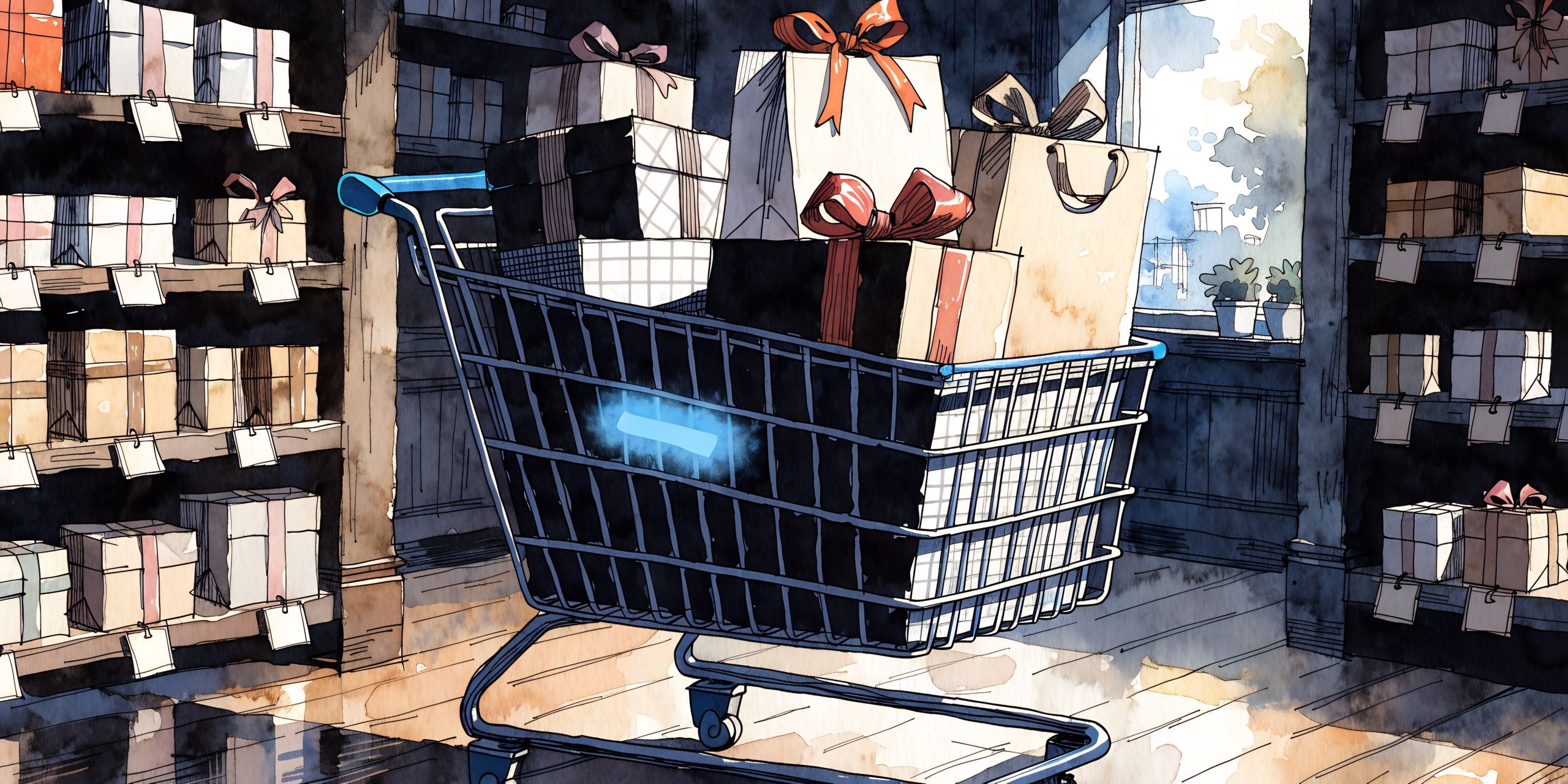 Watercolor illustration of a shopping cart piled with gift-wrapped packages in a store aisle of tagged shelves
