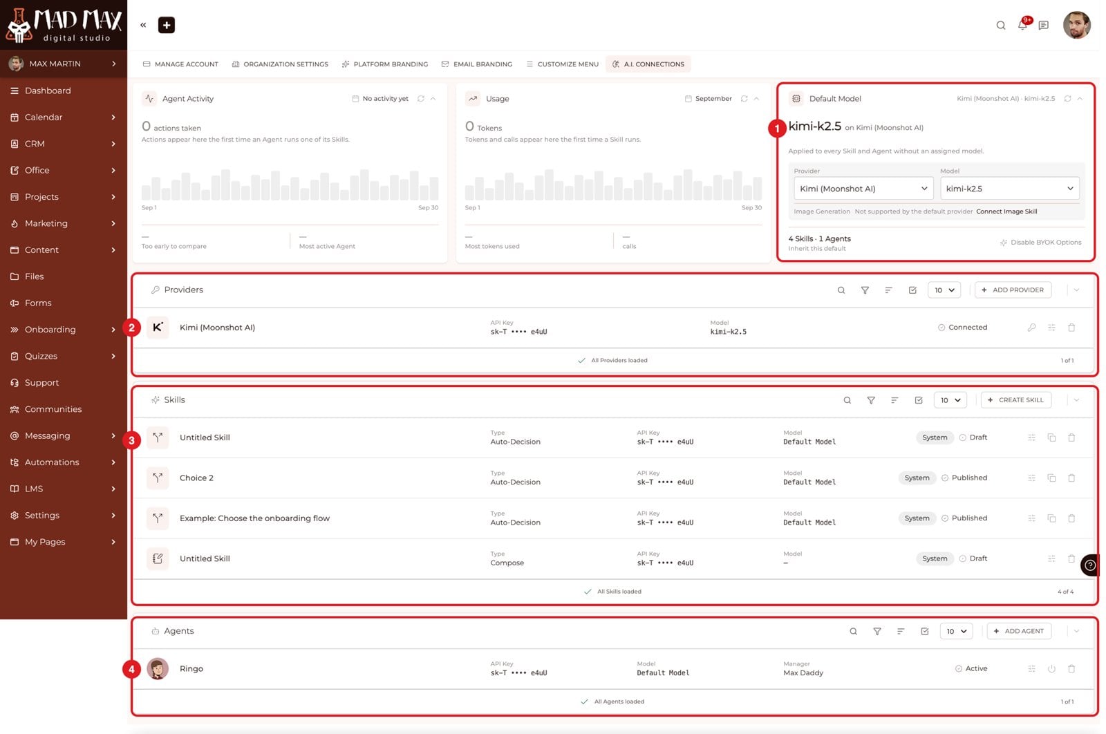 A.I. Connections: default model, providers, Skills and Agents