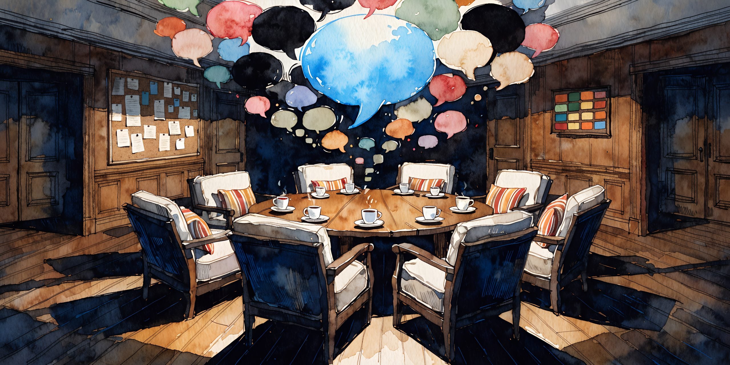 Watercolor illustration of armchairs around a table set with coffee cups, colorful speech bubbles rising overhead and one glowing blue speech bubble