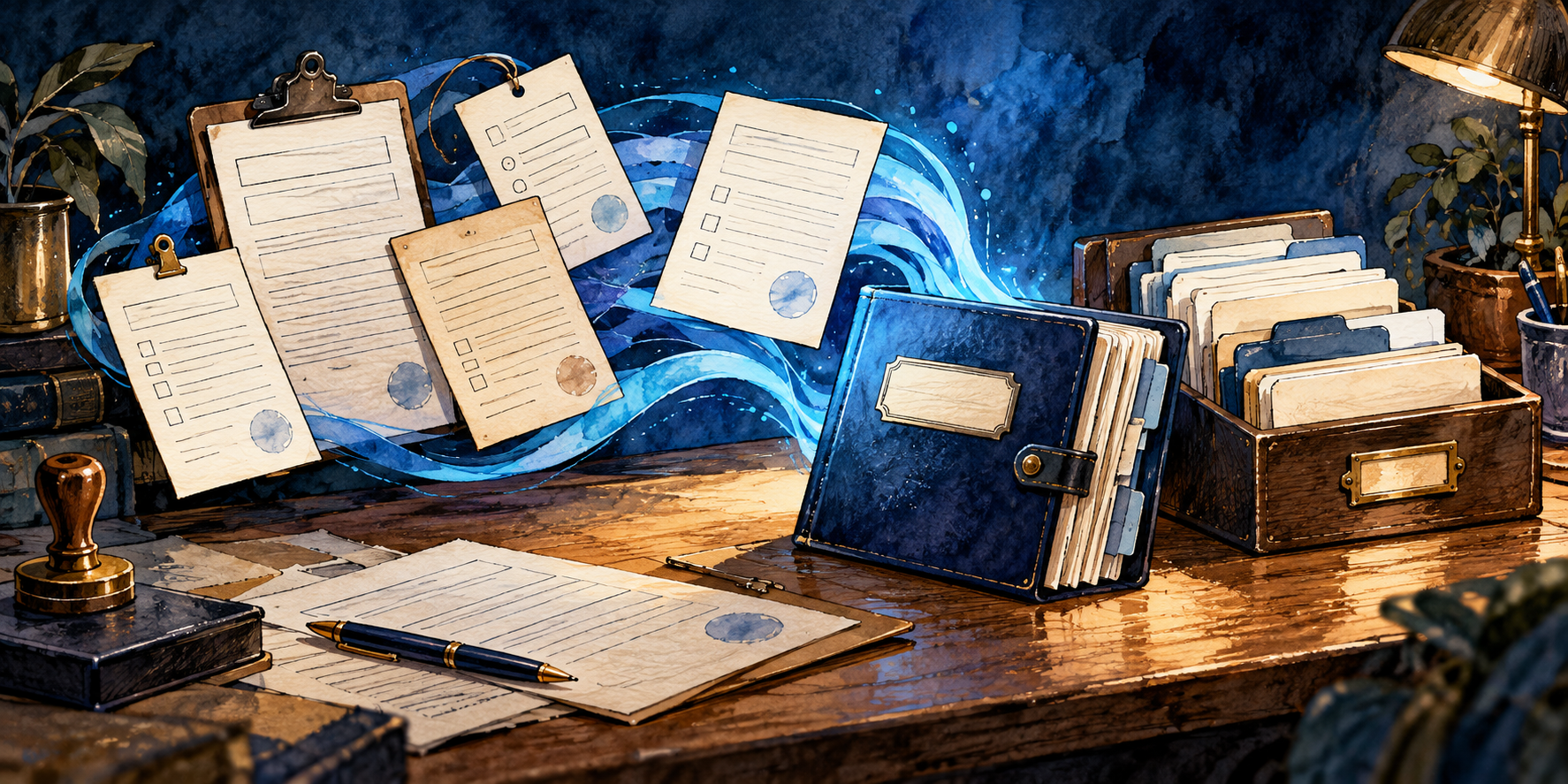 Illustrated intake forms flowing into a shared business record