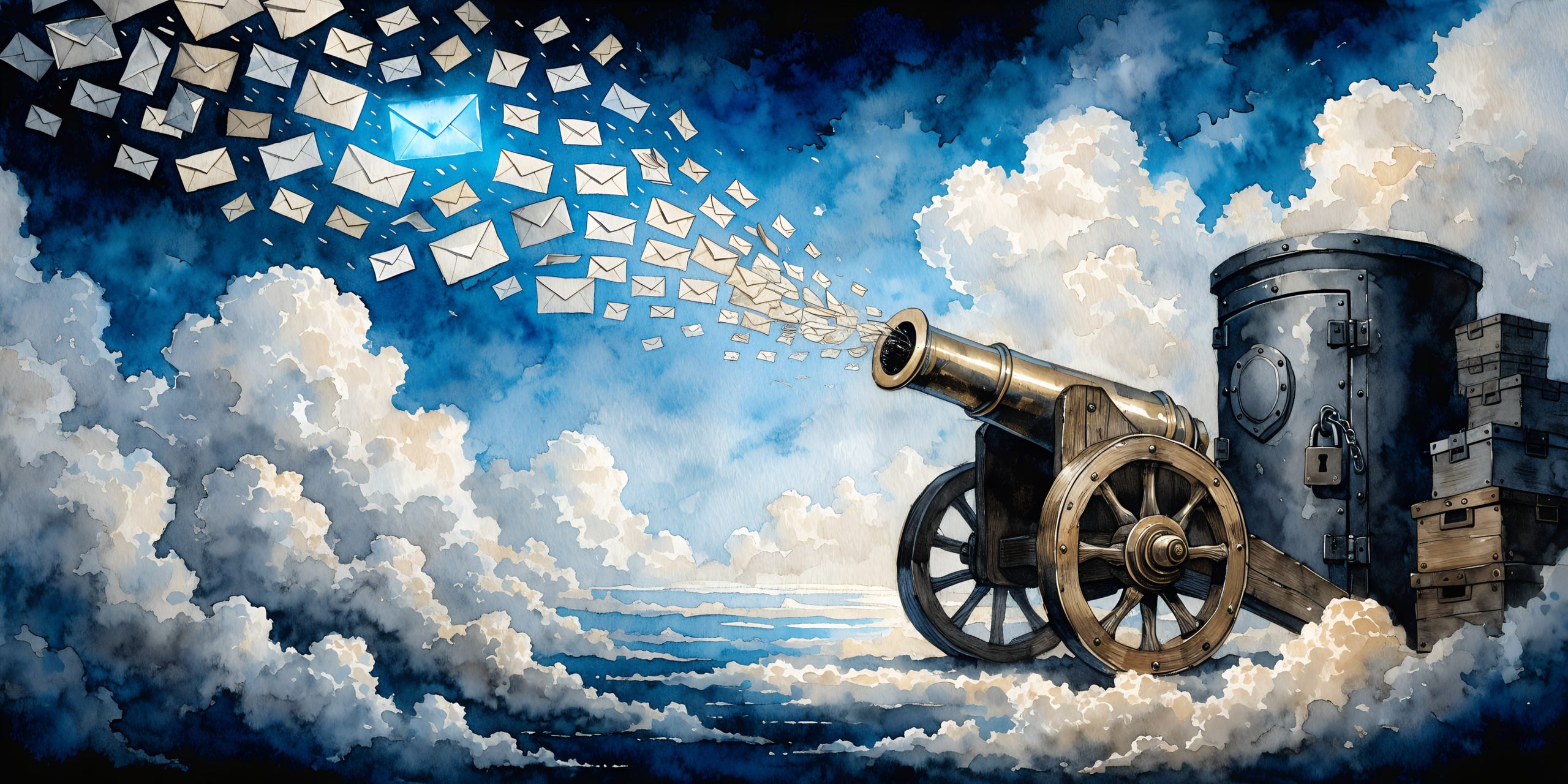 Watercolor illustration of a brass cannon firing a stream of envelopes into the sky beside a locked steel vault and storage boxes, one envelope glowing blue