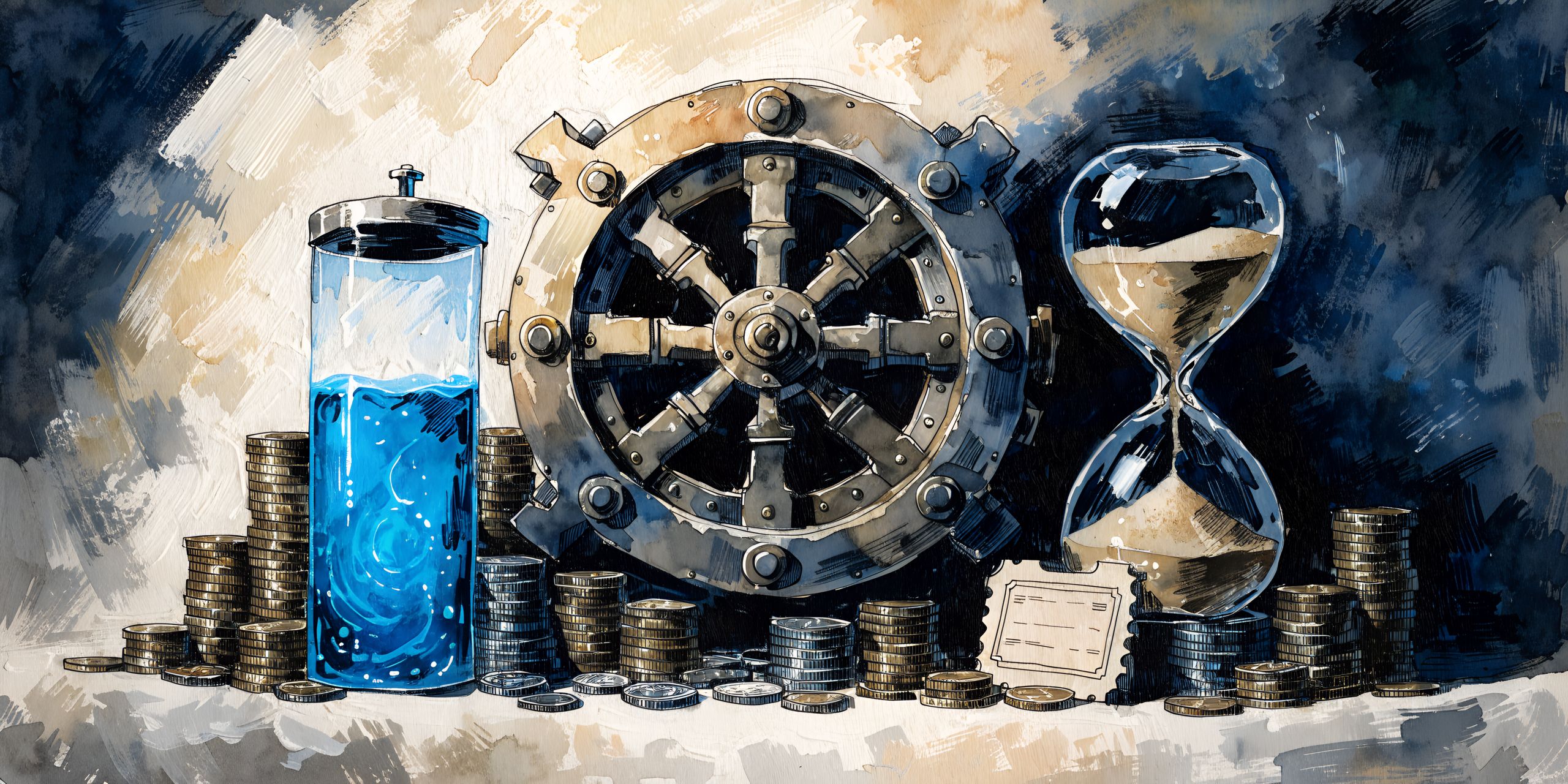 Watercolor illustration of a vault door, a blue gauge, an hourglass and stacks of coins