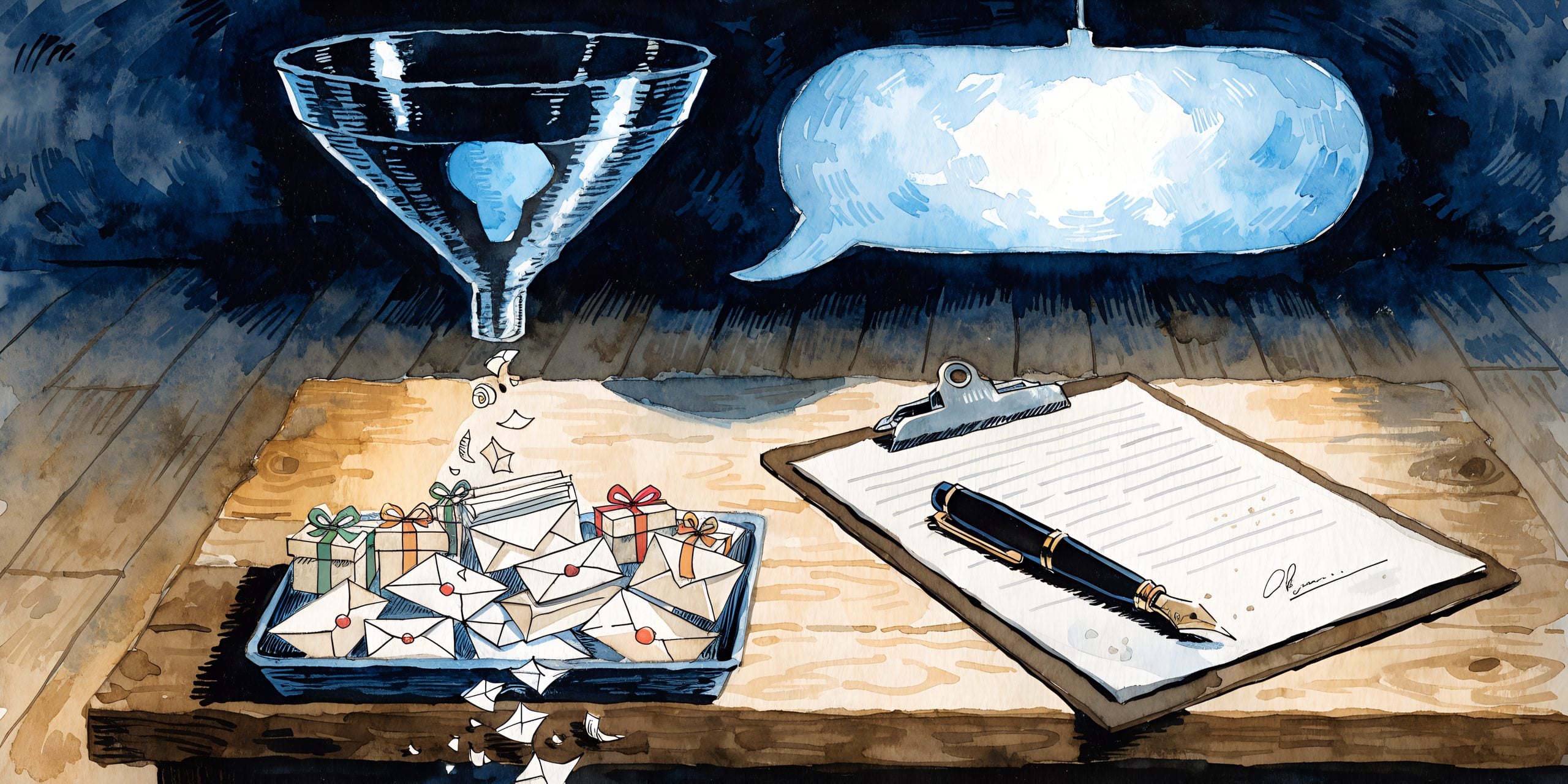 Watercolor illustration of a glass funnel guiding envelopes and gifts into a tray, a document with a pen on a clipboard and a glowing blue chat bubble