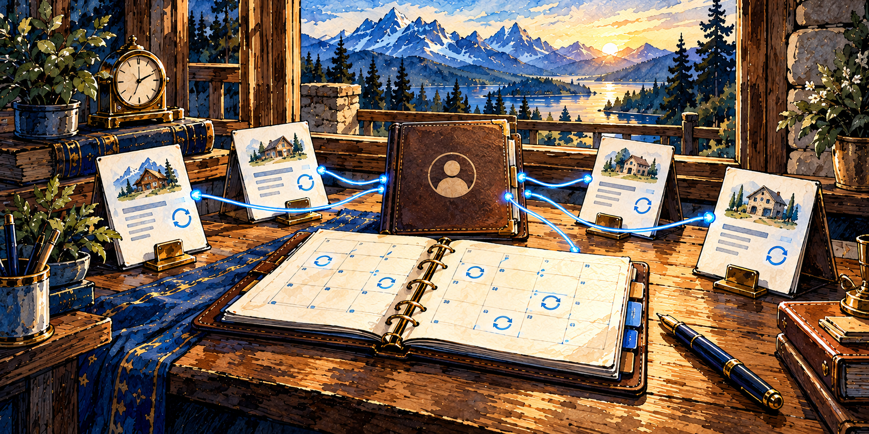 Watercolor illustration of recurring service charges connected to one Client record