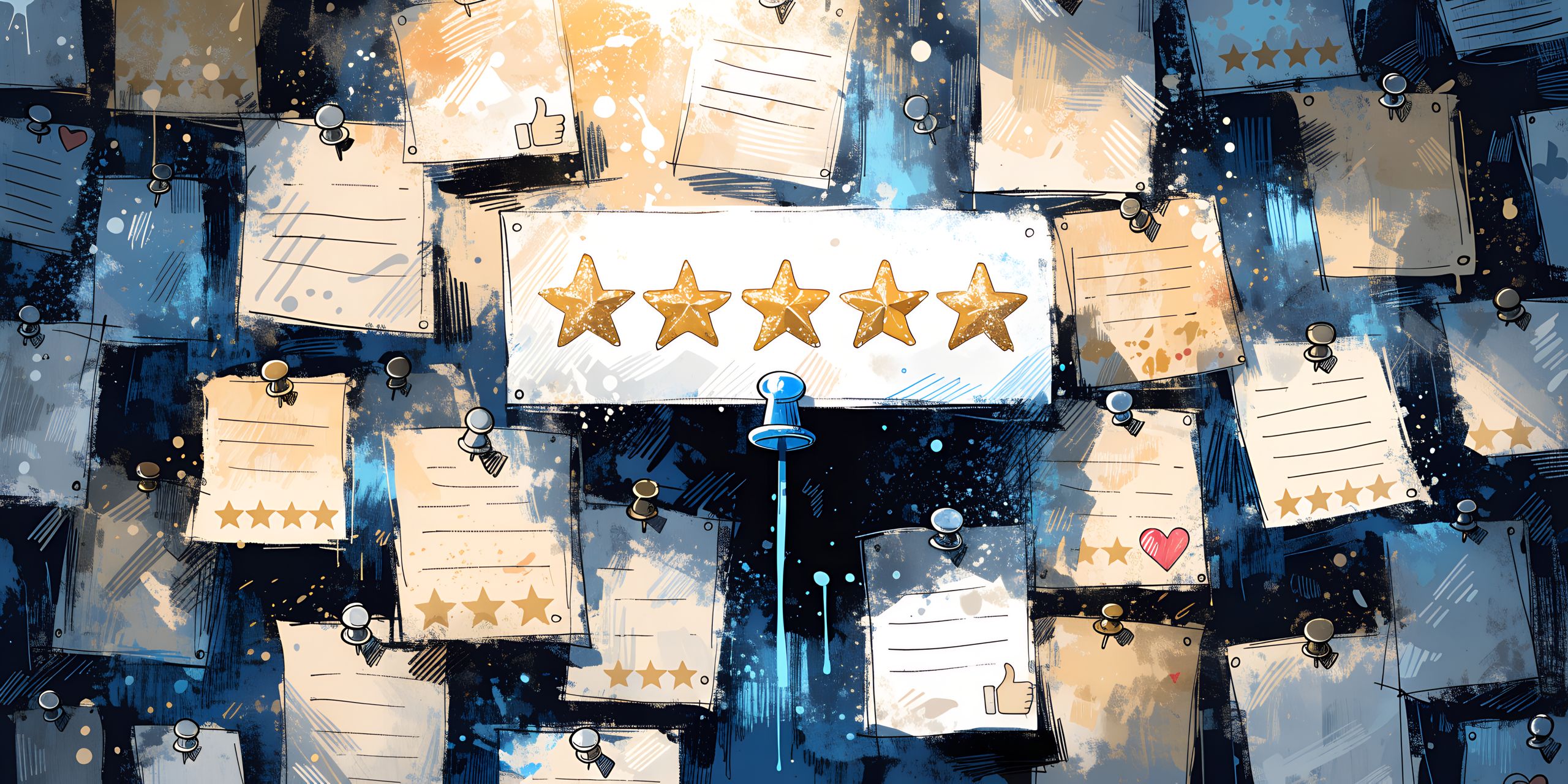 Watercolor illustration of a board of pinned reviews with a five-star card held by a blue push pin