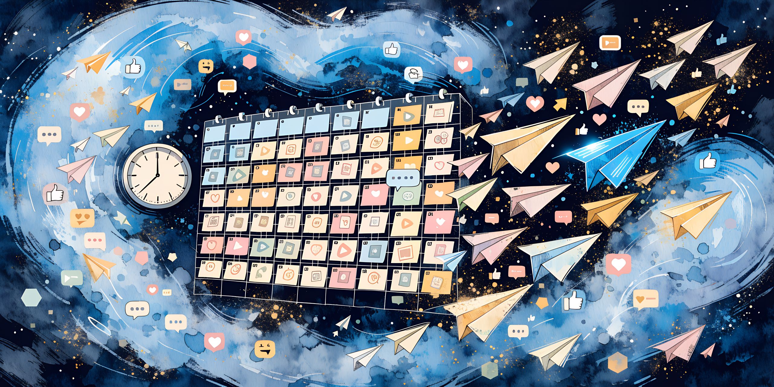 Watercolor illustration of a content calendar and a clock with paper airplanes flying out to social reactions