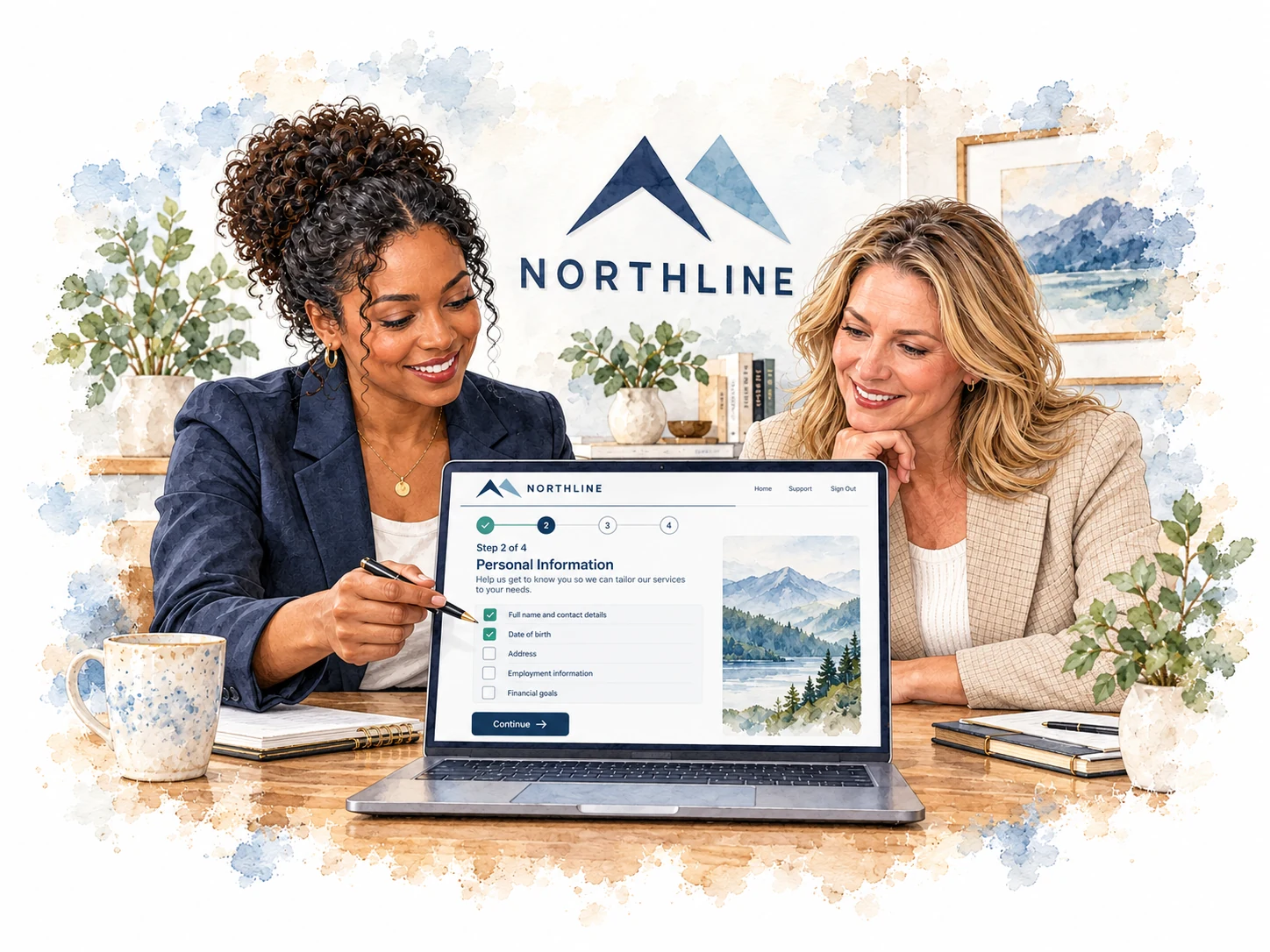Client and advisor complete a digital onboarding step in a Northline-branded workspace