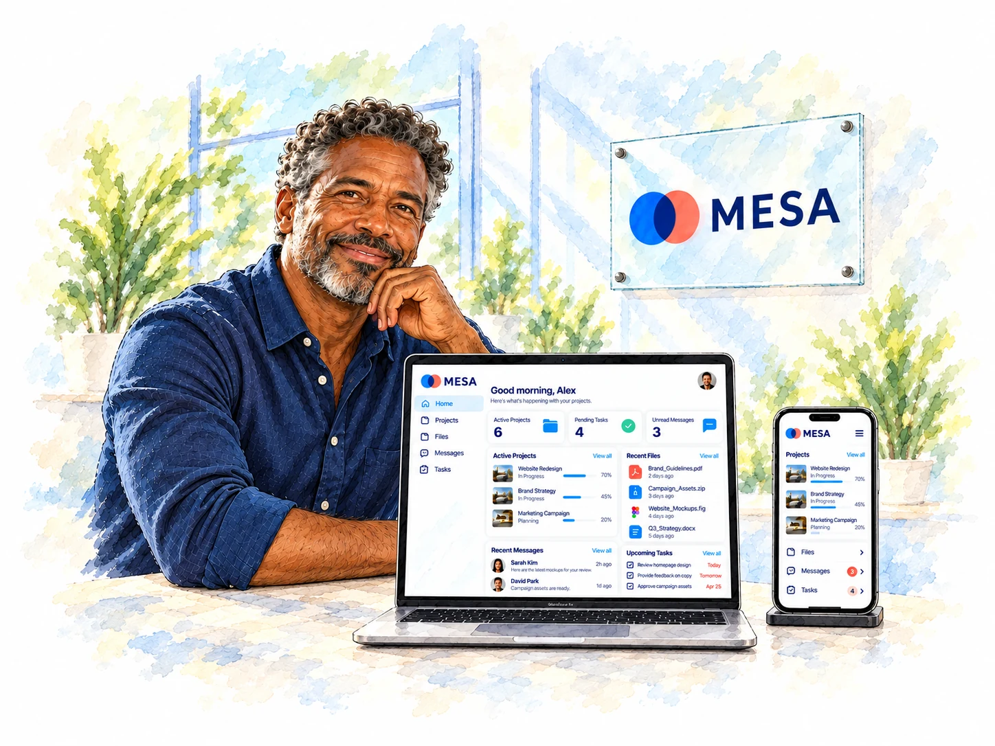 Client views a Mesa-branded portal on computer and phone beside its matching office sign