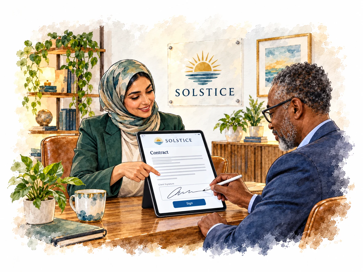 Client signs a digital contract with an advisor in a Solstice-branded workspace