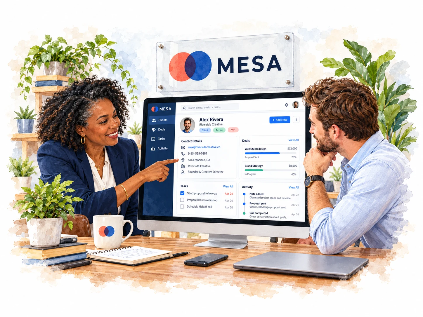 Advisor and client review a digital CRM record in a Mesa-branded workspace