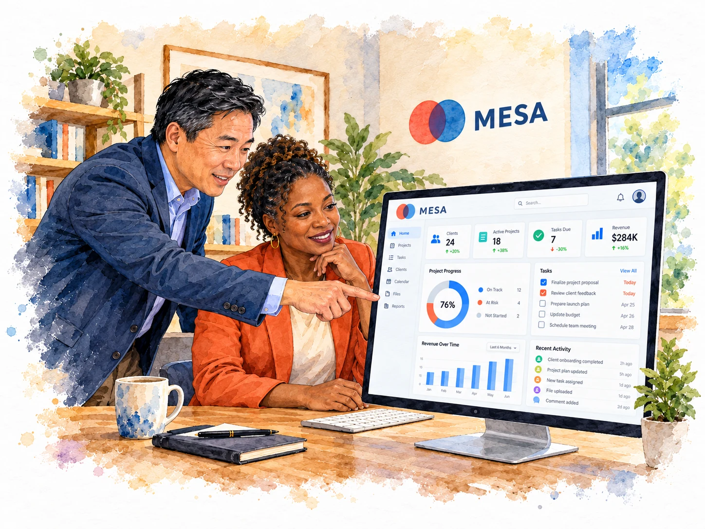 Colleagues review a branded client dashboard on a computer