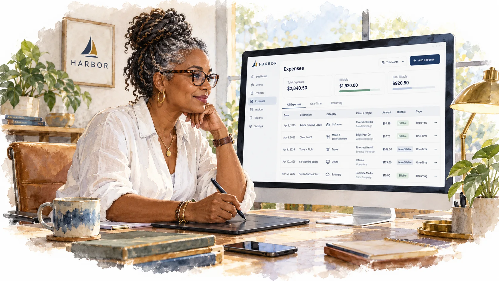 Business owner reviews client-linked expense records on a branded Harbor desktop screen