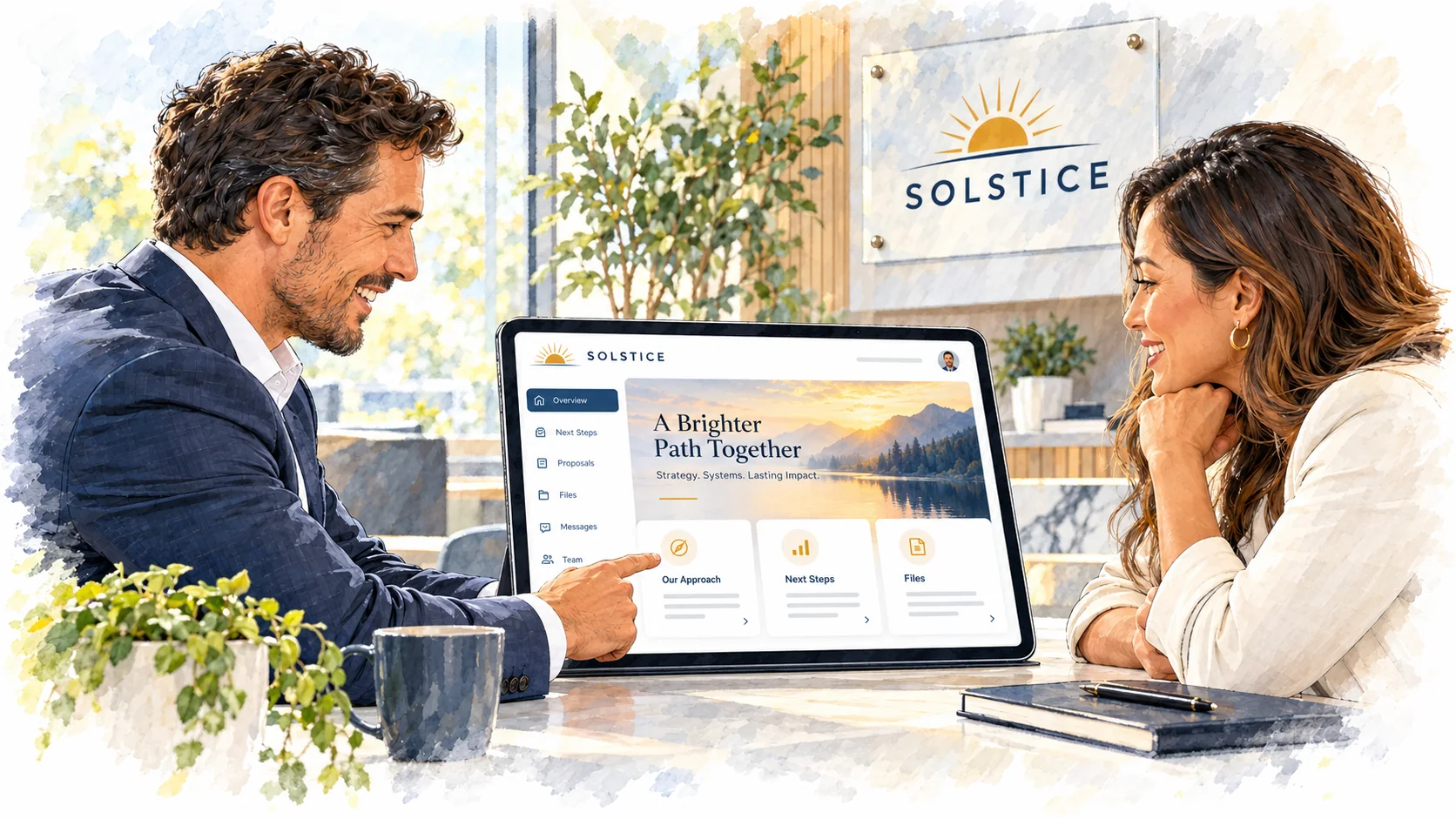 Consultant and prospective Client review a branded Sales Room on a tablet in a Solstice workspace