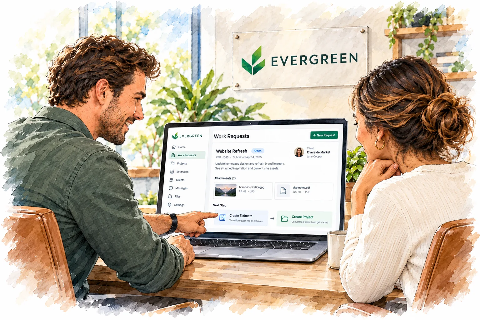 Client and service provider review a branded Work Request and next steps on a laptop in an Evergreen workspace