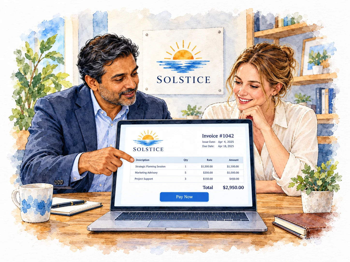 Advisor and client review a digital invoice in a Solstice-branded workspace
