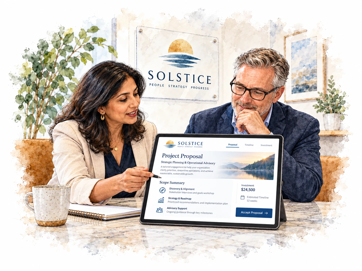 Two people review a branded proposal on a digital screen