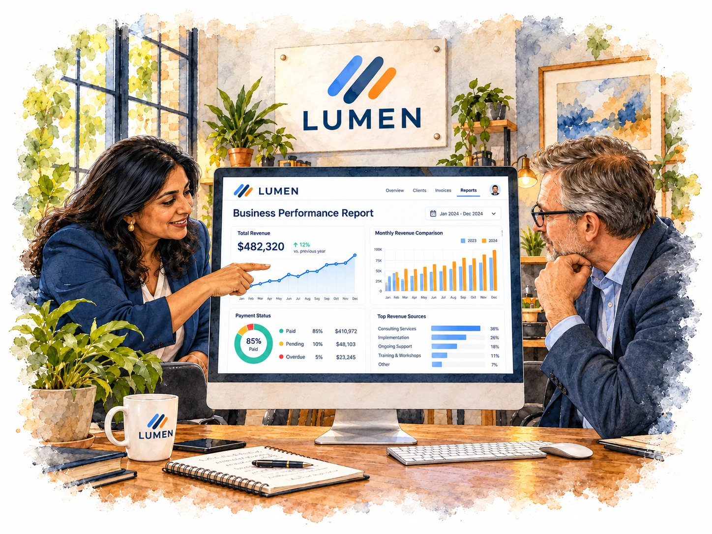 Two colleagues review a LUMEN-branded business performance report on a monitor
