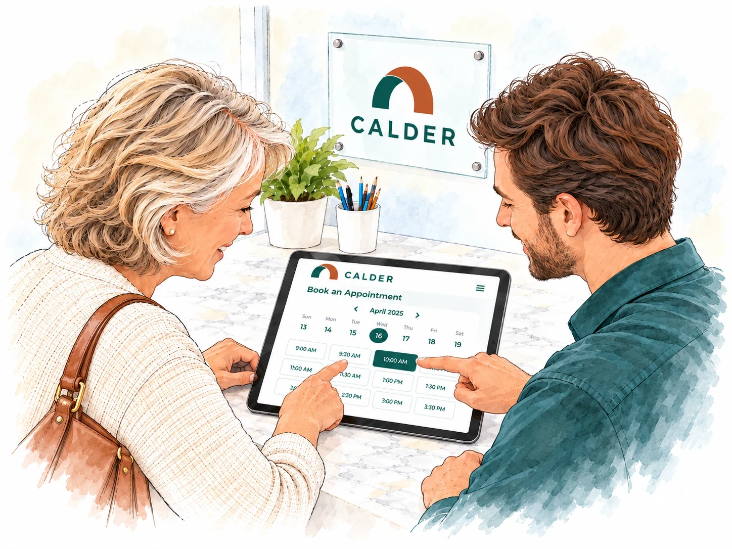 Customer selects a booking time on a tablet in a Calder-branded workspace