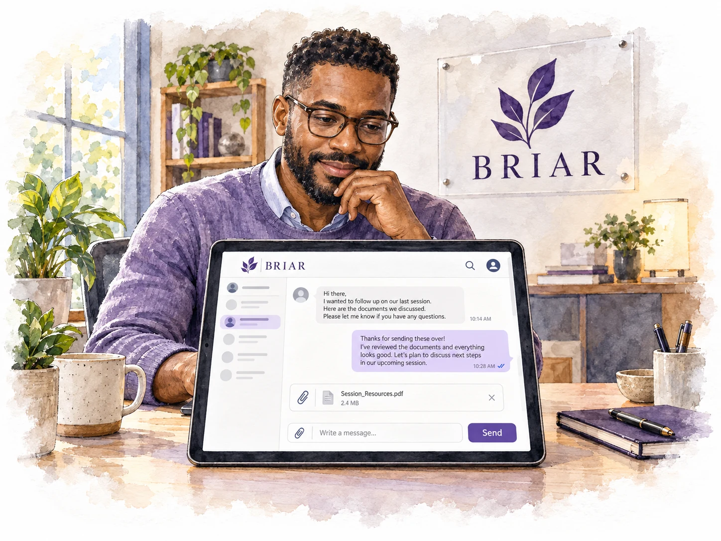 Staff member replies to a secure client message on a tablet in a Briar-branded workspace