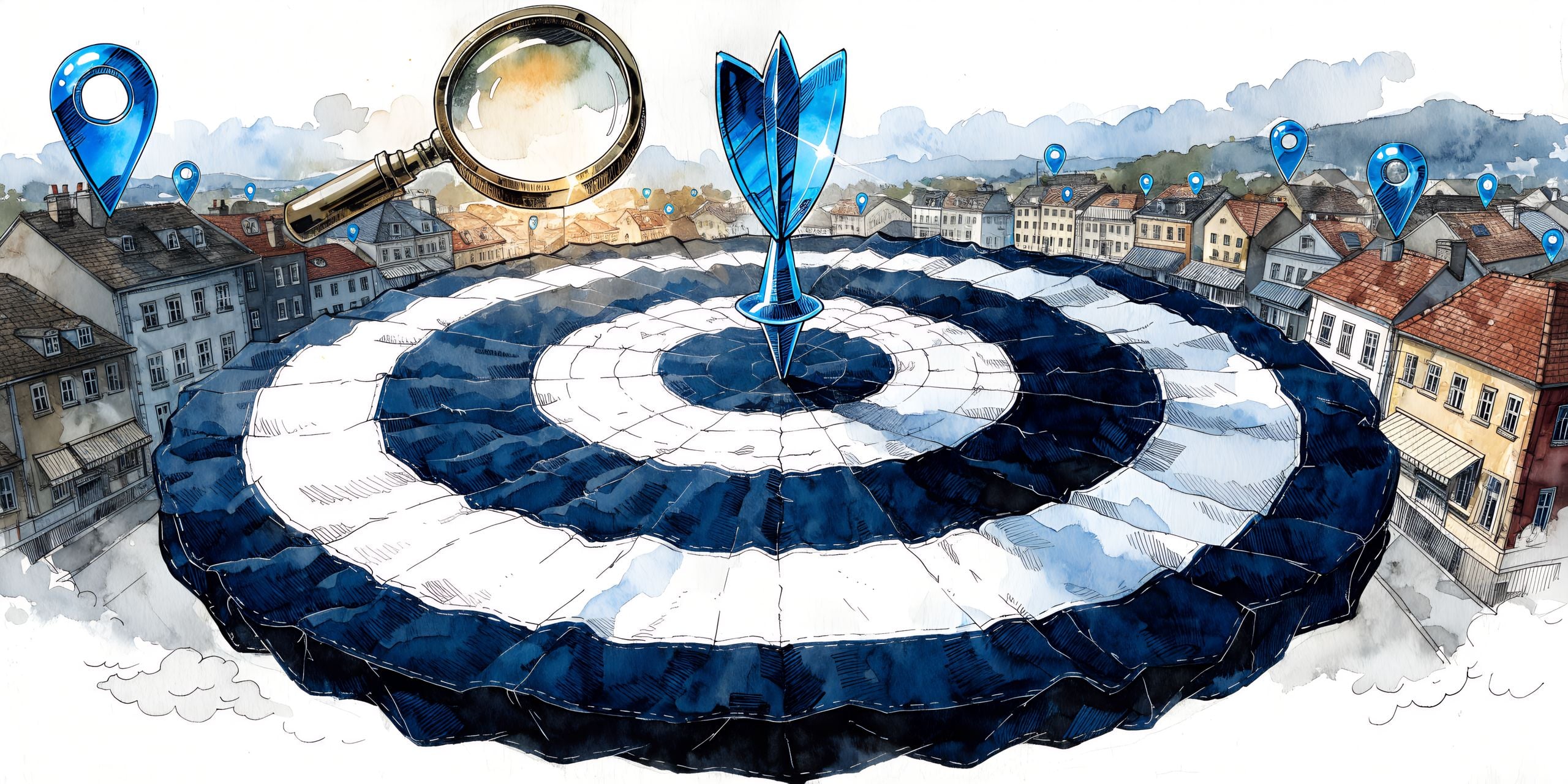Watercolor illustration of a target laid over a small town, with a blue dart in the bullseye, map pins and a magnifying glass