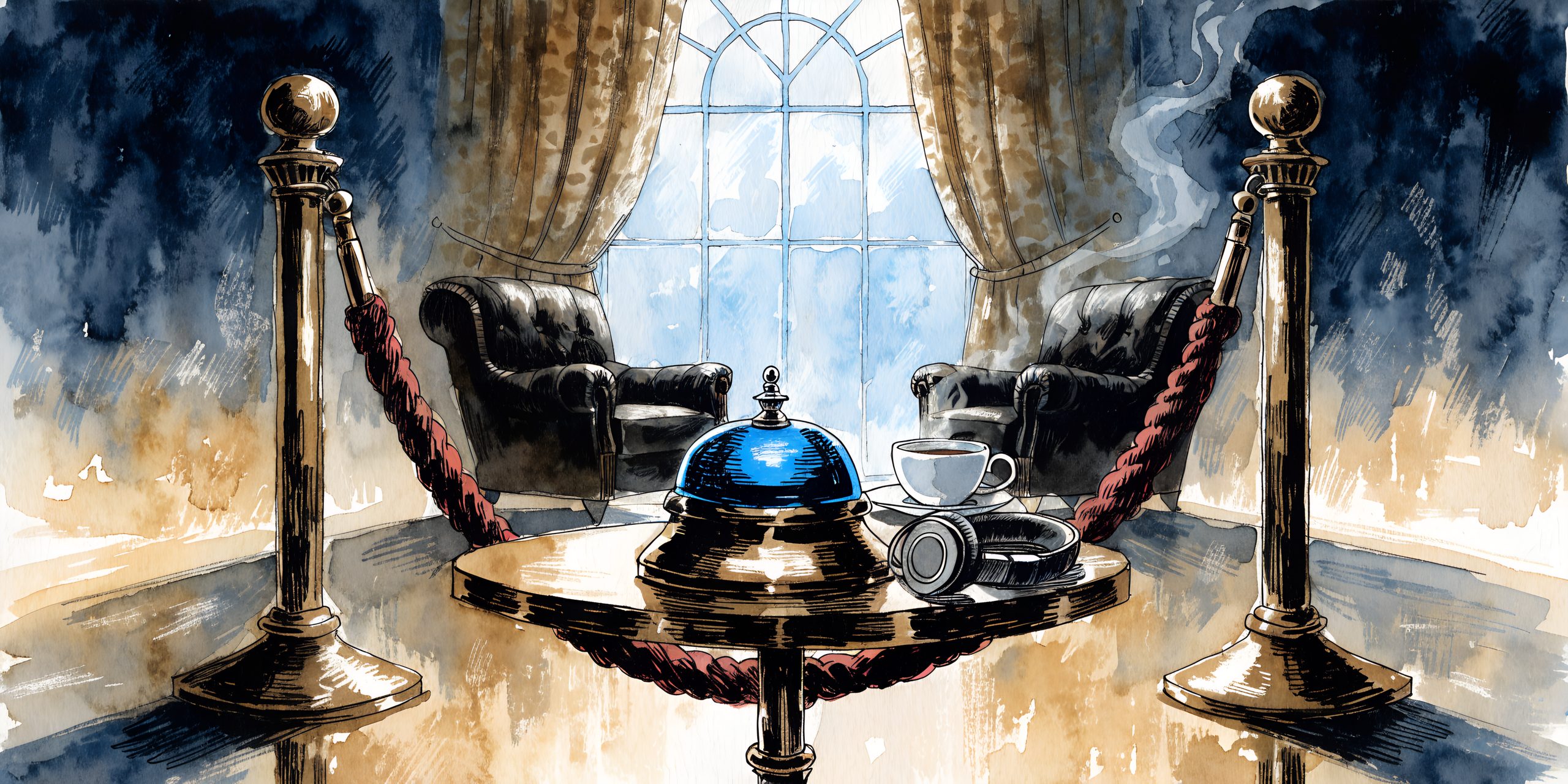 Watercolor illustration of an open velvet rope before a private lounge, with a glowing blue concierge bell, a coffee cup and headphones on a small table