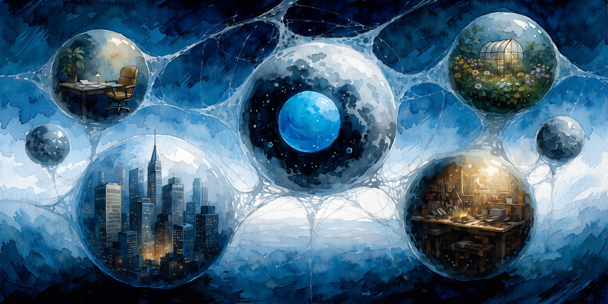 Watercolor illustration of glass globes holding small worlds, an office, a city, a workshop and a garden, linked by threads of light to a glowing blue globe